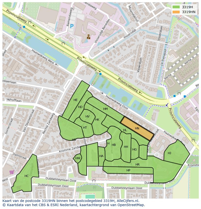 Afbeelding van het postcodegebied 3319 HN op de kaart.