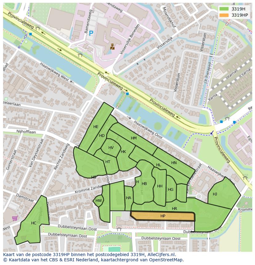 Afbeelding van het postcodegebied 3319 HP op de kaart.