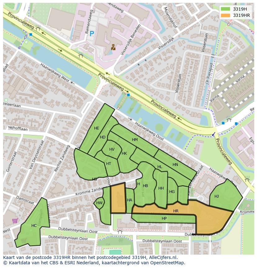Afbeelding van het postcodegebied 3319 HR op de kaart.