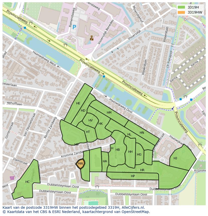 Afbeelding van het postcodegebied 3319 HW op de kaart.