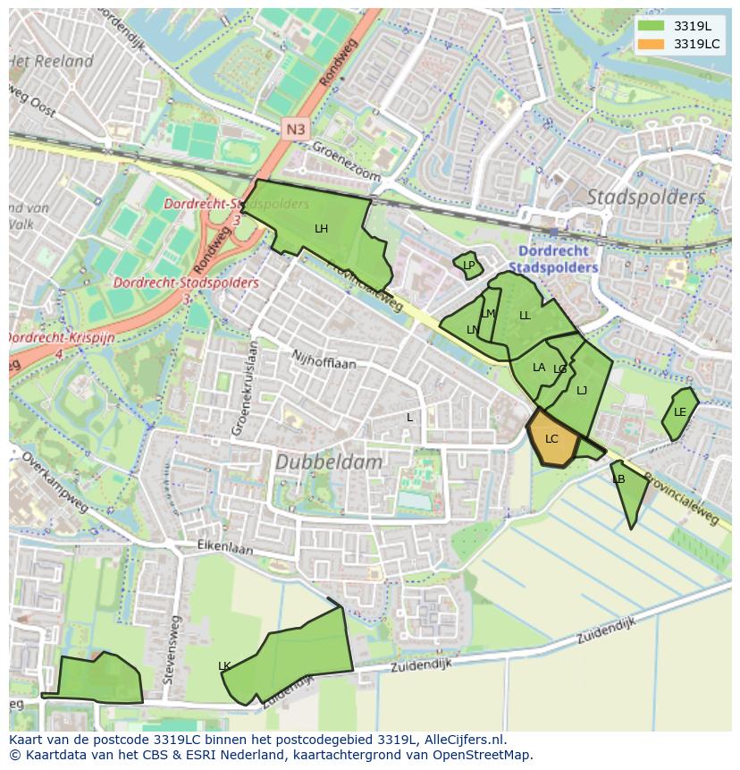 Afbeelding van het postcodegebied 3319 LC op de kaart.