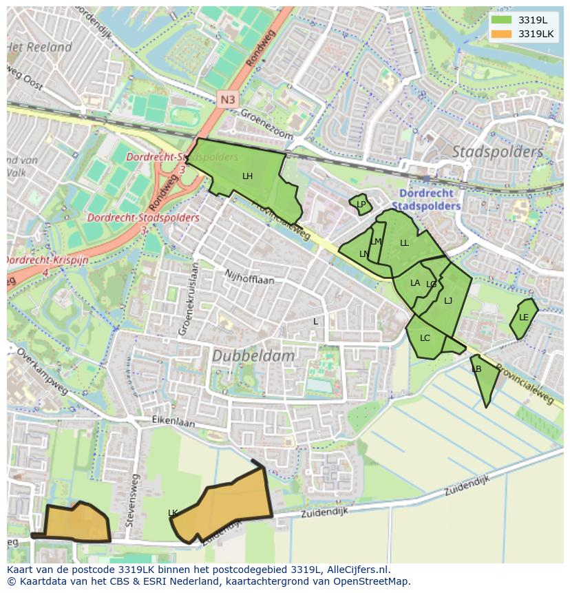 Afbeelding van het postcodegebied 3319 LK op de kaart.
