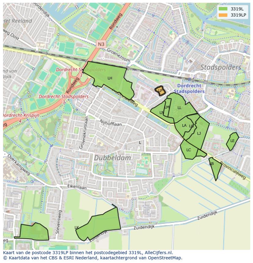Afbeelding van het postcodegebied 3319 LP op de kaart.