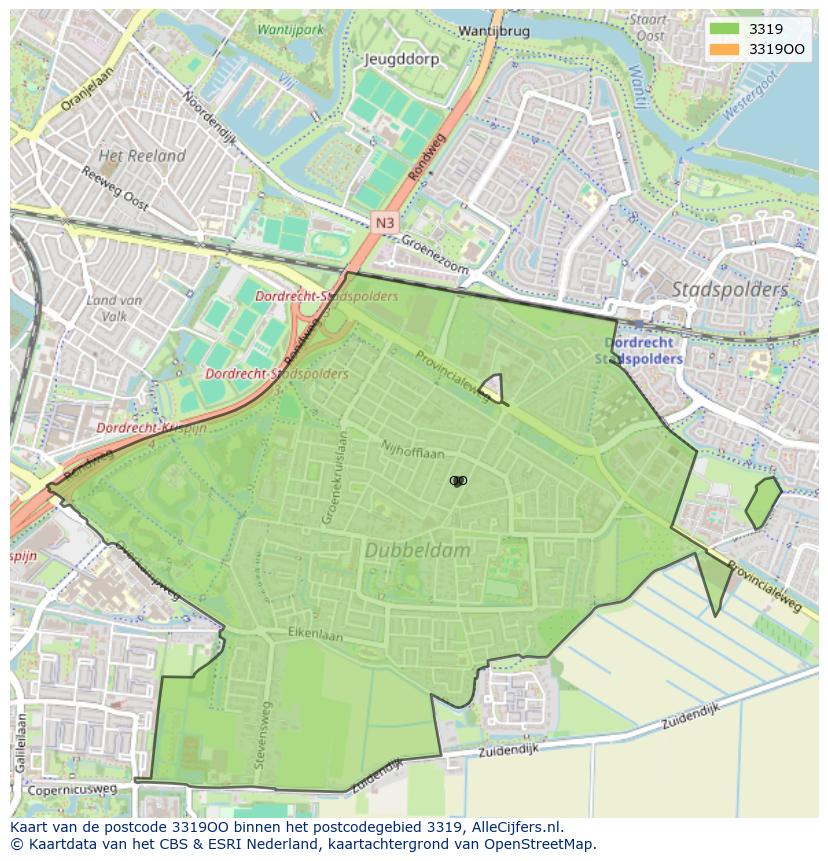 Afbeelding van het postcodegebied 3319 OO op de kaart.