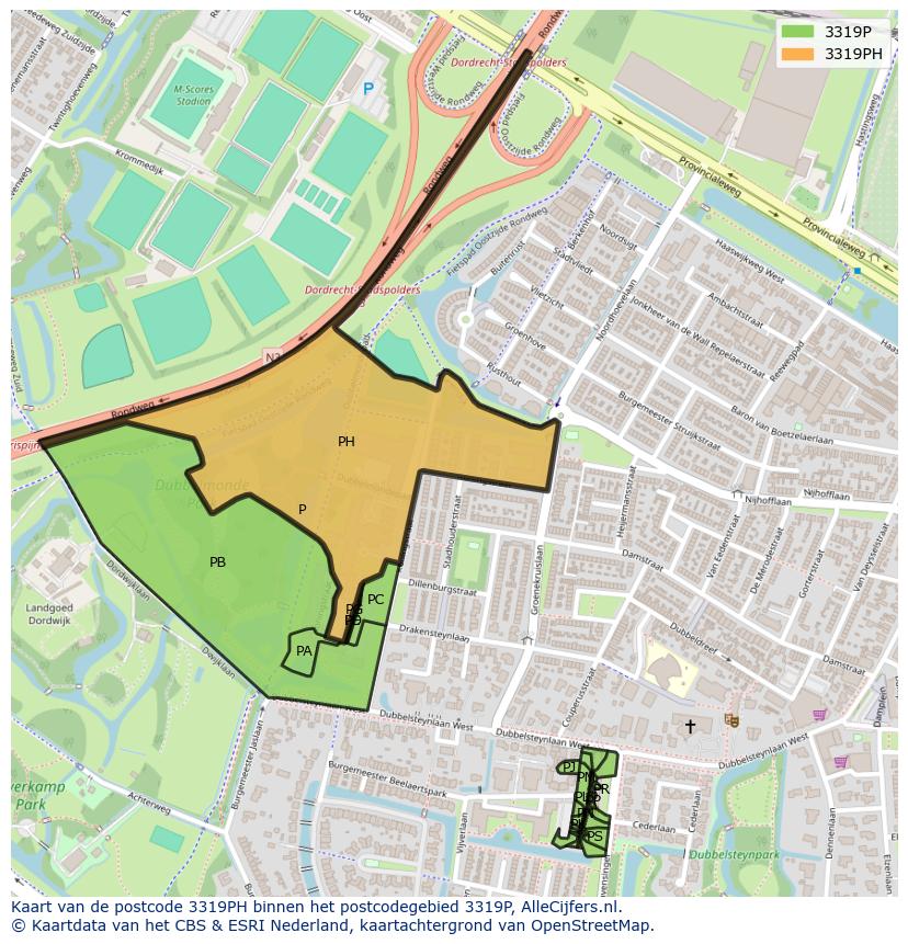 Afbeelding van het postcodegebied 3319 PH op de kaart.