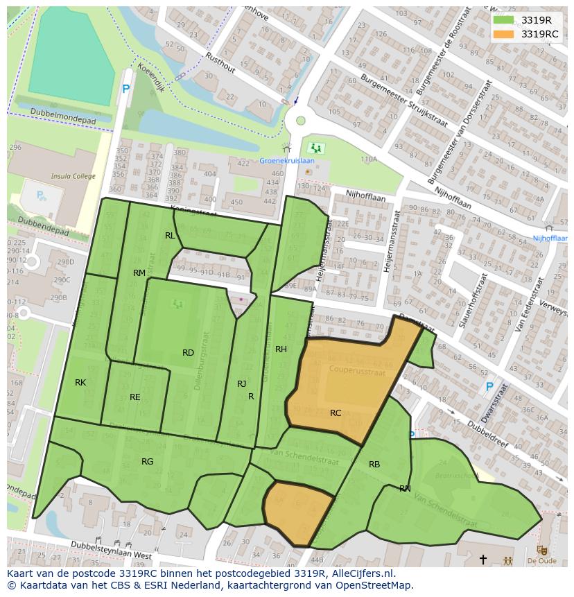 Afbeelding van het postcodegebied 3319 RC op de kaart.