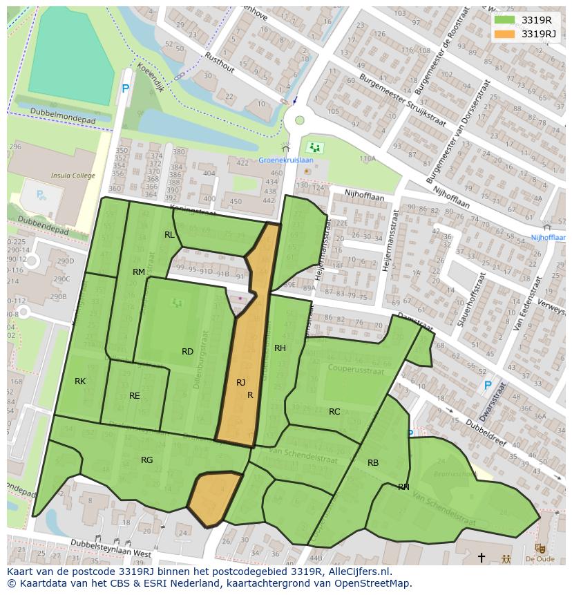 Afbeelding van het postcodegebied 3319 RJ op de kaart.