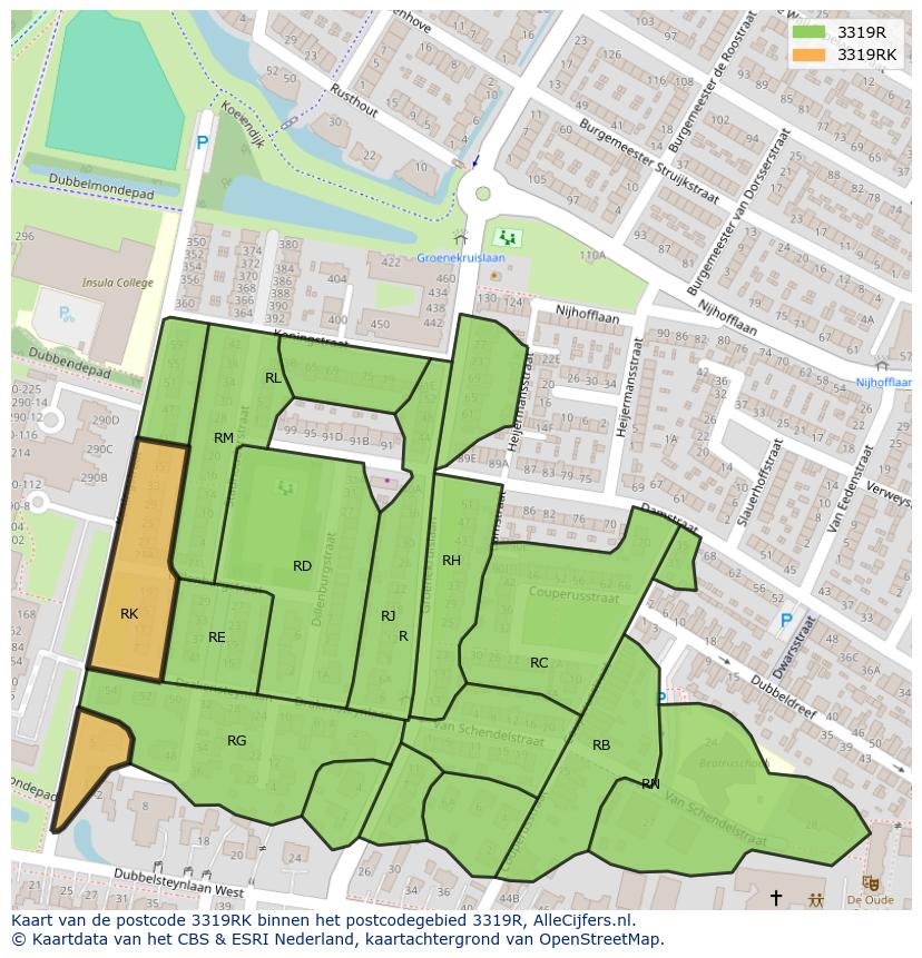 Afbeelding van het postcodegebied 3319 RK op de kaart.