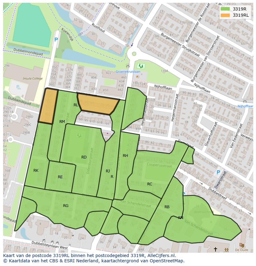 Afbeelding van het postcodegebied 3319 RL op de kaart.