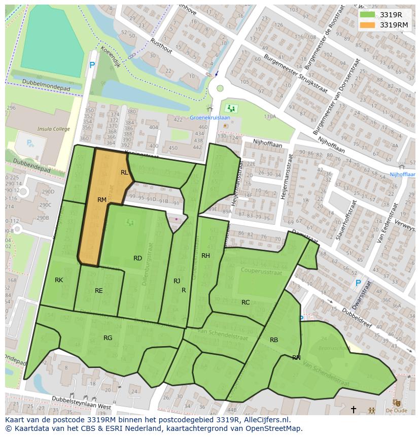 Afbeelding van het postcodegebied 3319 RM op de kaart.
