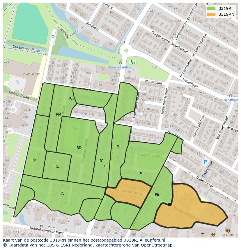 Afbeelding van het postcodegebied 3319 RN op de kaart.