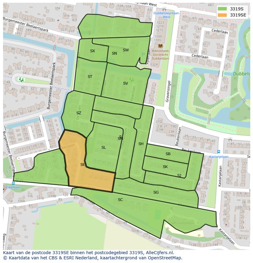 Afbeelding van het postcodegebied 3319 SE op de kaart.