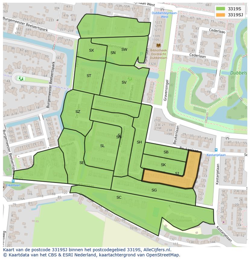 Afbeelding van het postcodegebied 3319 SJ op de kaart.