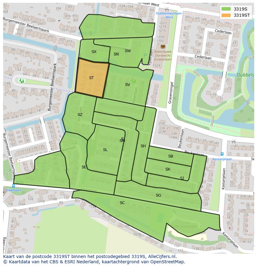 Afbeelding van het postcodegebied 3319 ST op de kaart.
