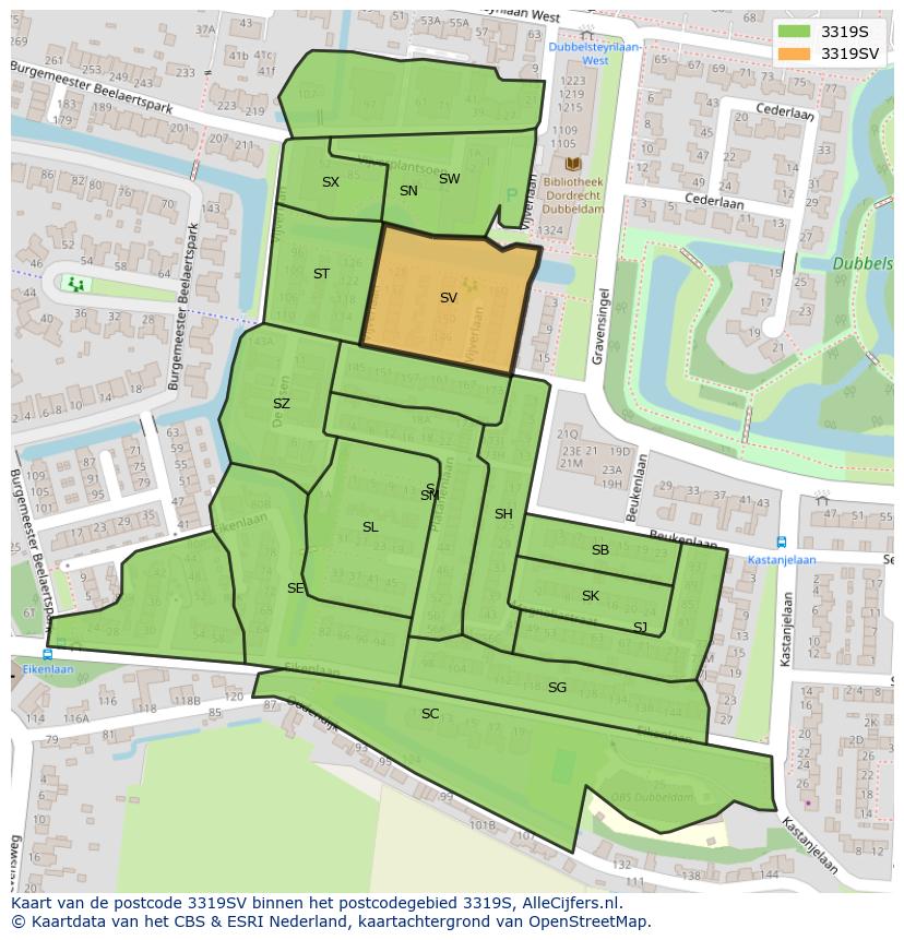 Afbeelding van het postcodegebied 3319 SV op de kaart.