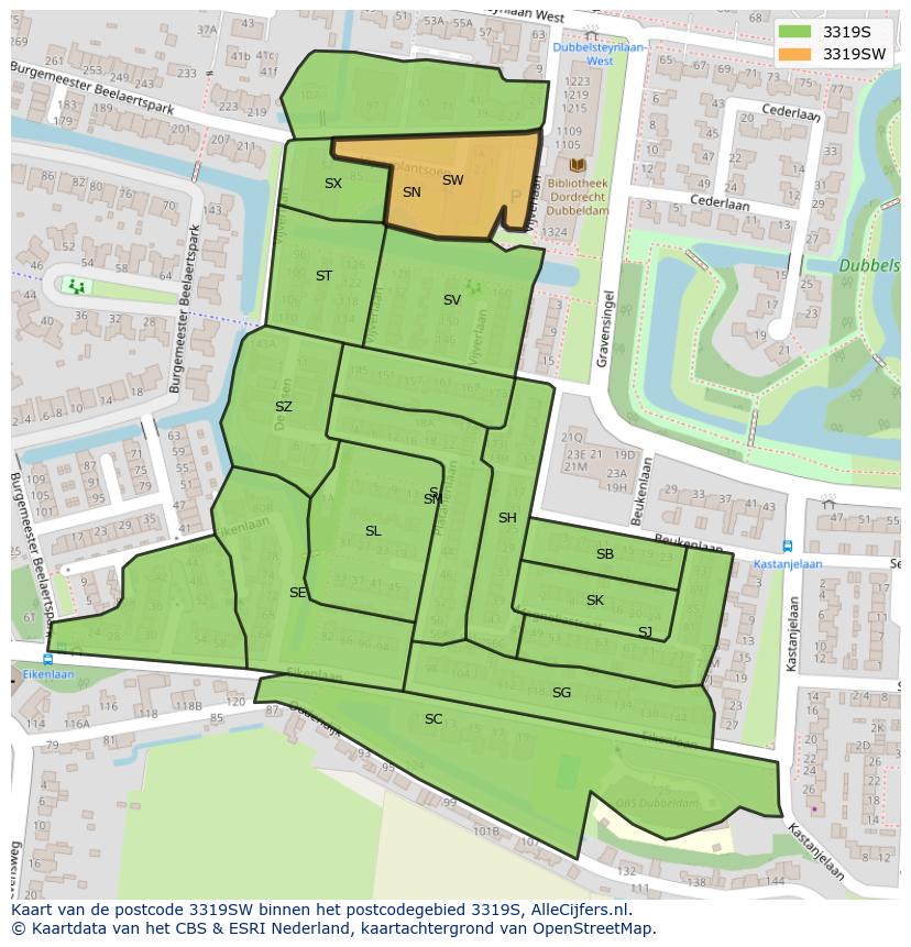 Afbeelding van het postcodegebied 3319 SW op de kaart.