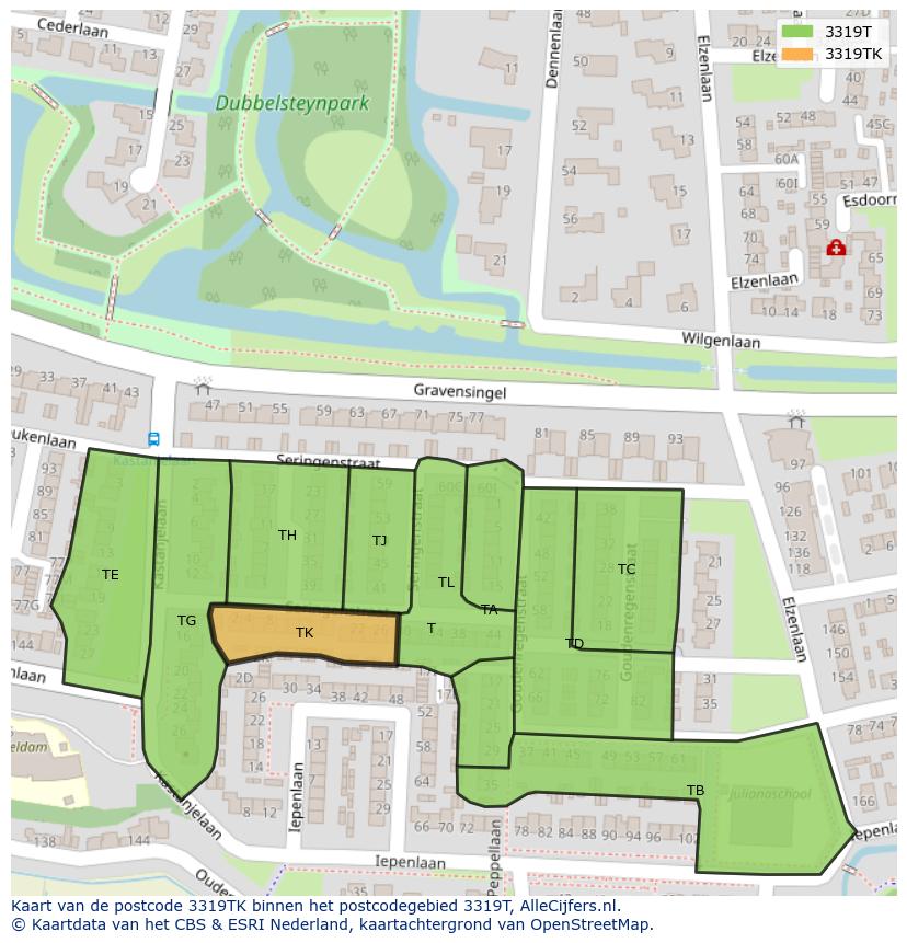 Afbeelding van het postcodegebied 3319 TK op de kaart.