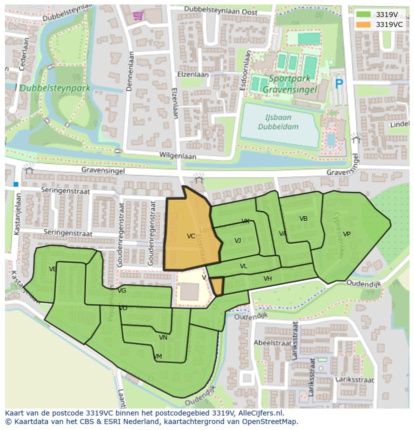 Afbeelding van het postcodegebied 3319 VC op de kaart.