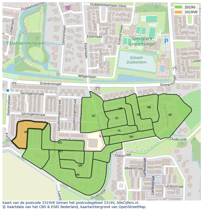 Afbeelding van het postcodegebied 3319 VE op de kaart.