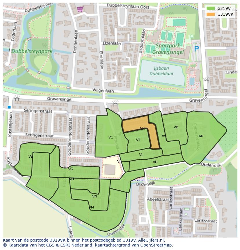 Afbeelding van het postcodegebied 3319 VK op de kaart.