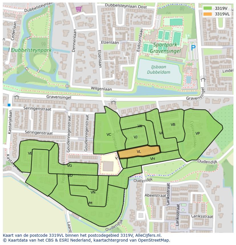 Afbeelding van het postcodegebied 3319 VL op de kaart.