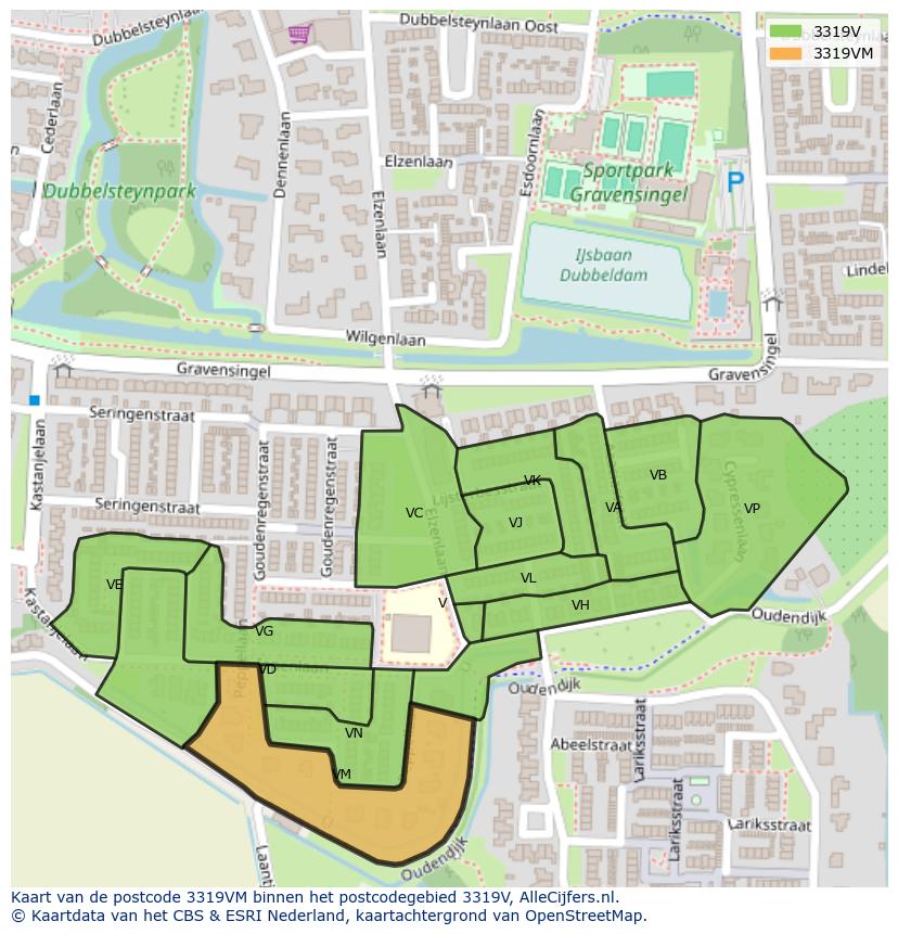 Afbeelding van het postcodegebied 3319 VM op de kaart.