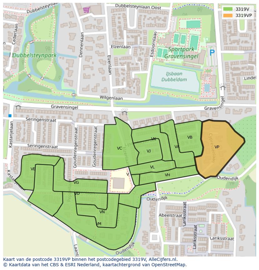 Afbeelding van het postcodegebied 3319 VP op de kaart.