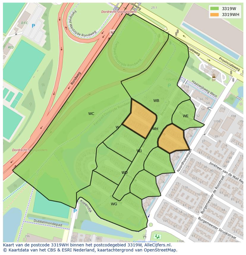 Afbeelding van het postcodegebied 3319 WH op de kaart.