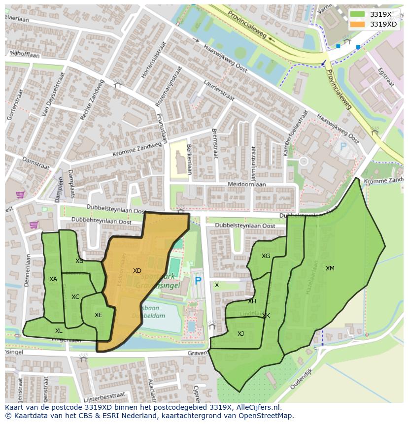 Afbeelding van het postcodegebied 3319 XD op de kaart.