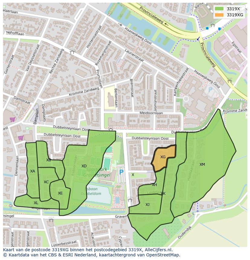 Afbeelding van het postcodegebied 3319 XG op de kaart.