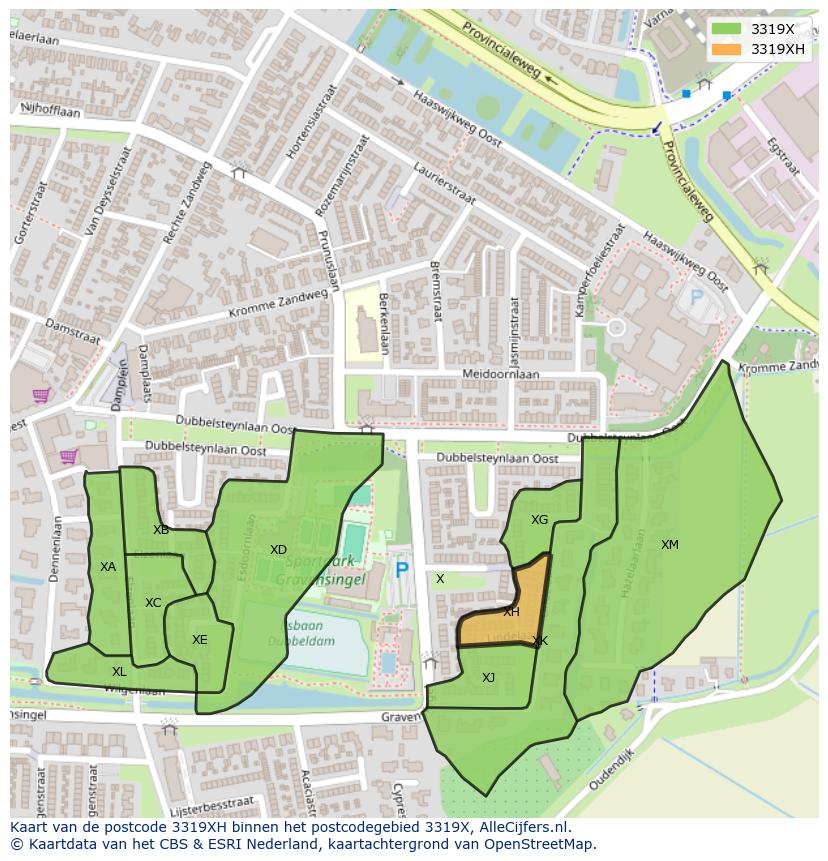 Afbeelding van het postcodegebied 3319 XH op de kaart.
