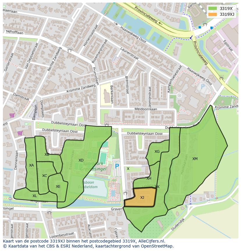 Afbeelding van het postcodegebied 3319 XJ op de kaart.