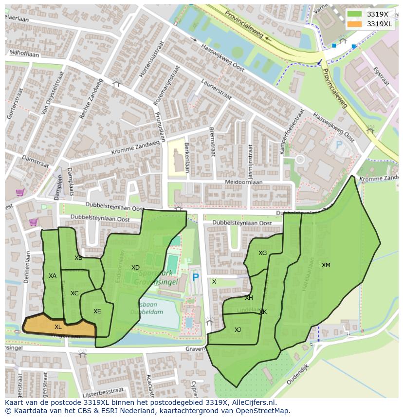 Afbeelding van het postcodegebied 3319 XL op de kaart.