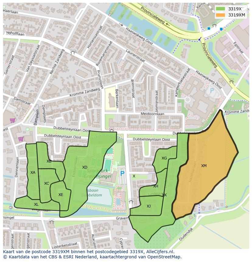 Afbeelding van het postcodegebied 3319 XM op de kaart.