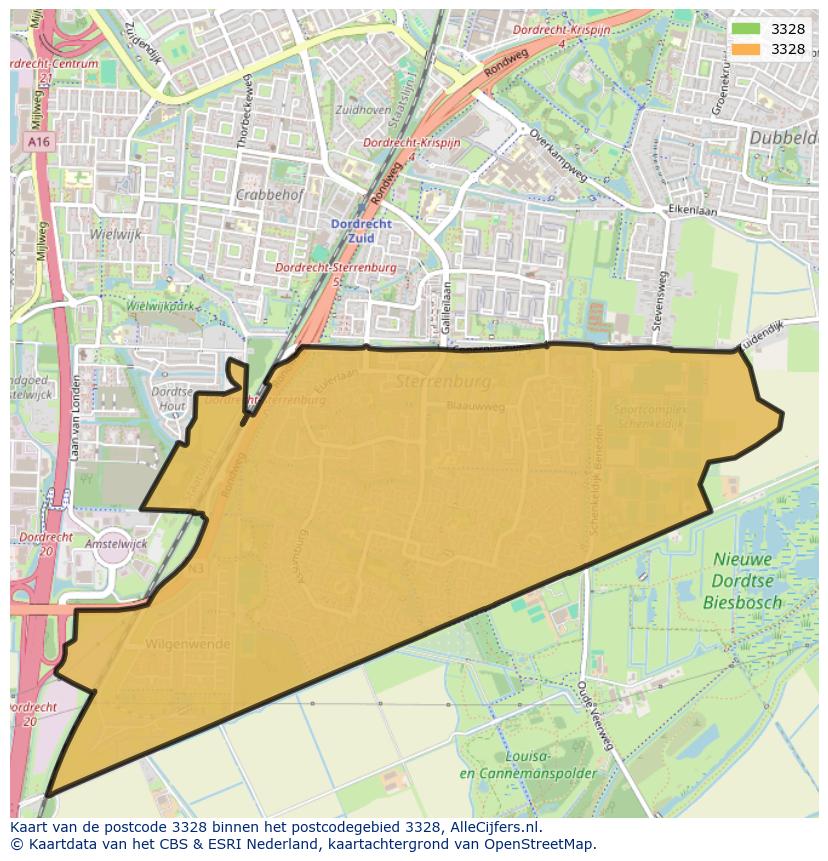 Afbeelding van het postcodegebied 3328 op de kaart.