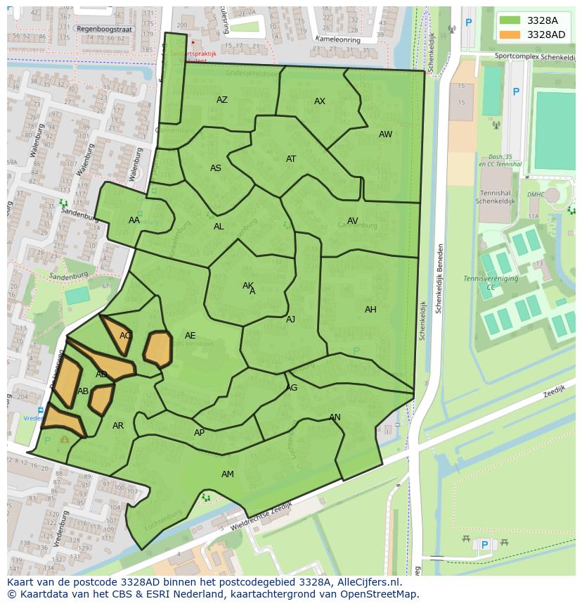 Afbeelding van het postcodegebied 3328 AD op de kaart.