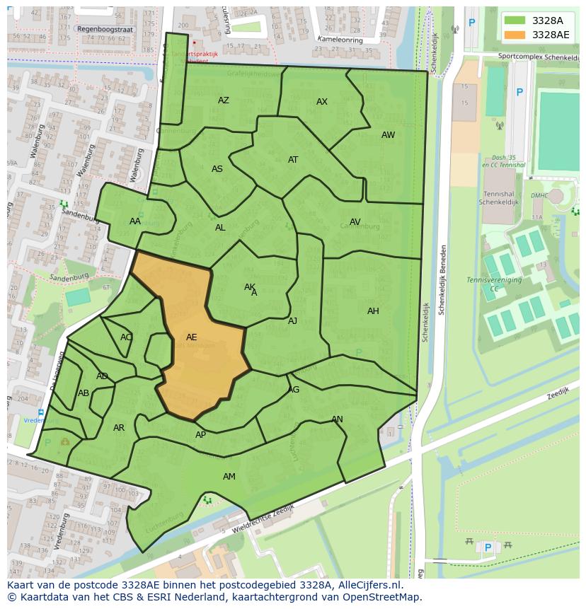 Afbeelding van het postcodegebied 3328 AE op de kaart.