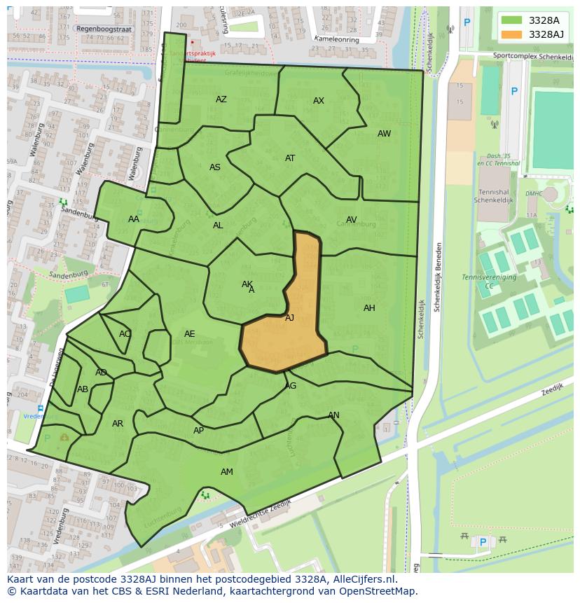 Afbeelding van het postcodegebied 3328 AJ op de kaart.
