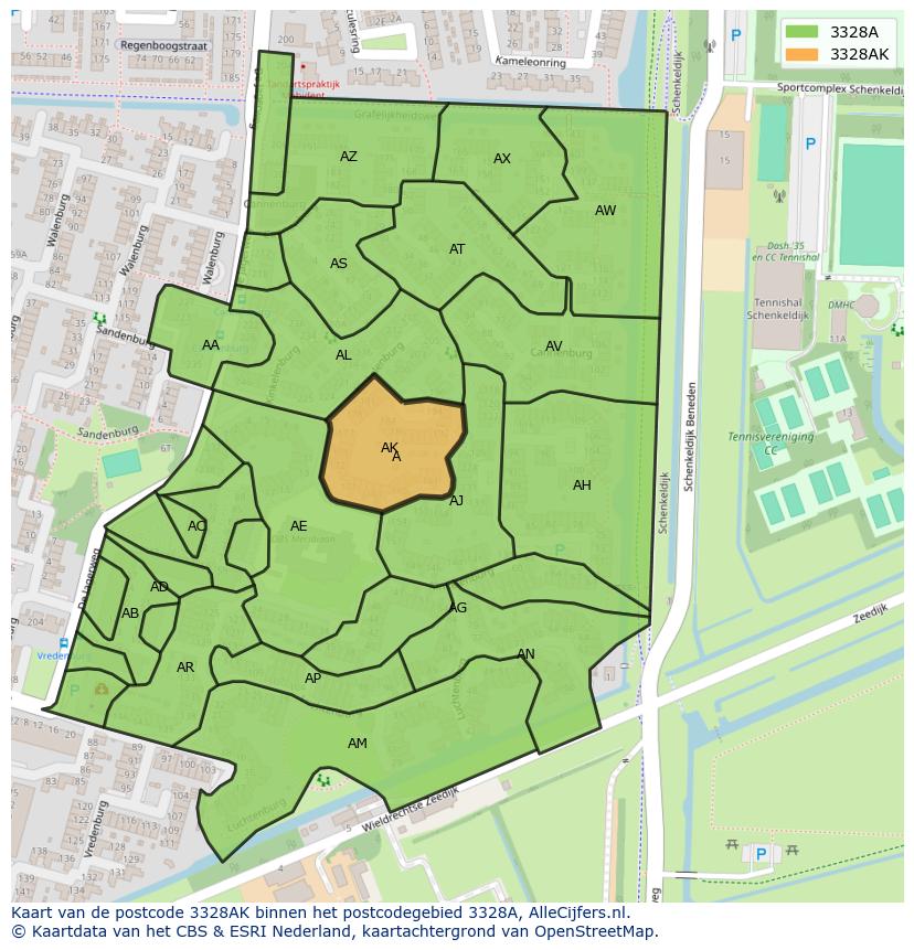 Afbeelding van het postcodegebied 3328 AK op de kaart.