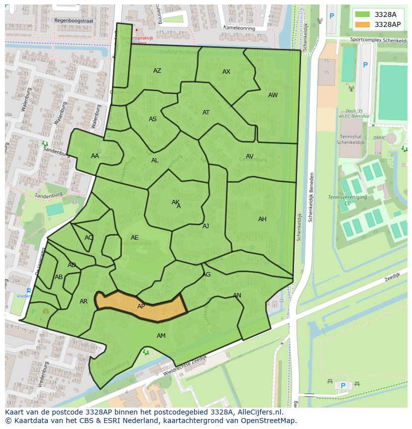 Afbeelding van het postcodegebied 3328 AP op de kaart.