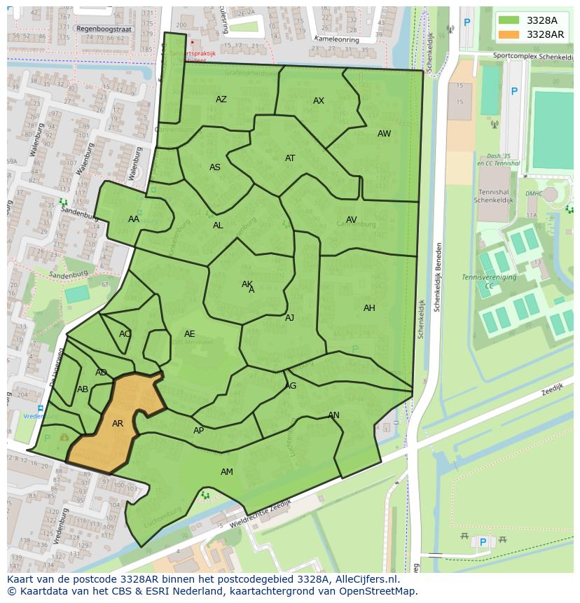 Afbeelding van het postcodegebied 3328 AR op de kaart.