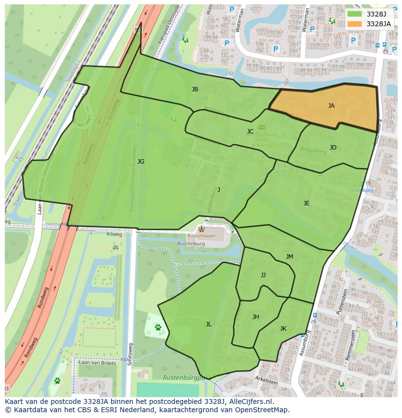 Afbeelding van het postcodegebied 3328 JA op de kaart.