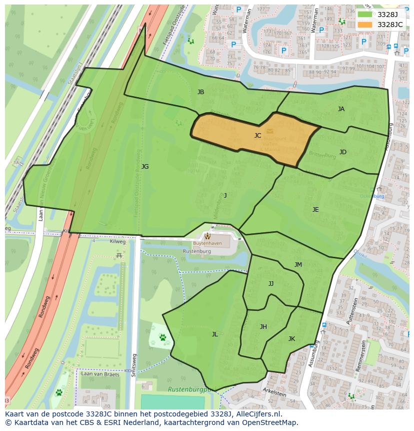 Afbeelding van het postcodegebied 3328 JC op de kaart.