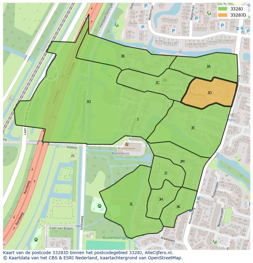 Afbeelding van het postcodegebied 3328 JD op de kaart.
