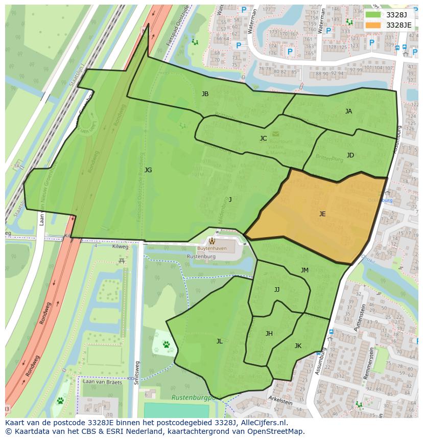Afbeelding van het postcodegebied 3328 JE op de kaart.