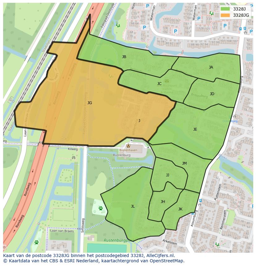 Afbeelding van het postcodegebied 3328 JG op de kaart.