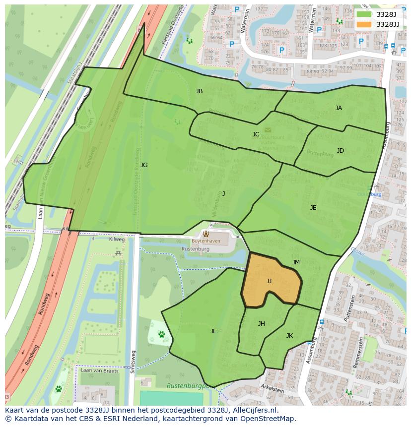 Afbeelding van het postcodegebied 3328 JJ op de kaart.