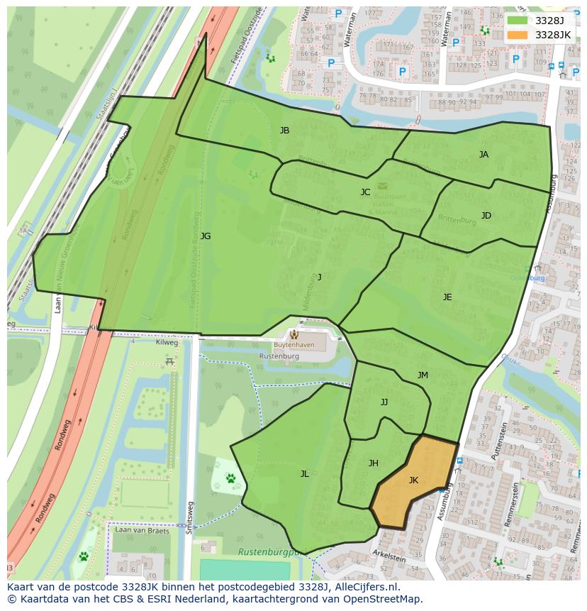 Afbeelding van het postcodegebied 3328 JK op de kaart.
