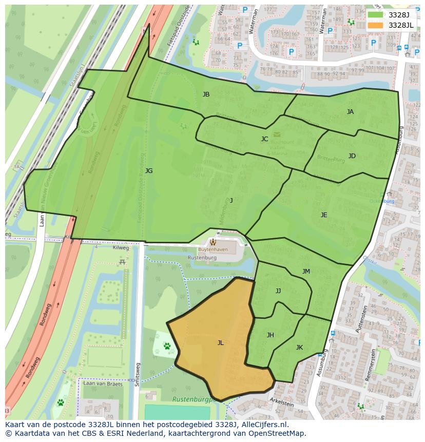 Afbeelding van het postcodegebied 3328 JL op de kaart.