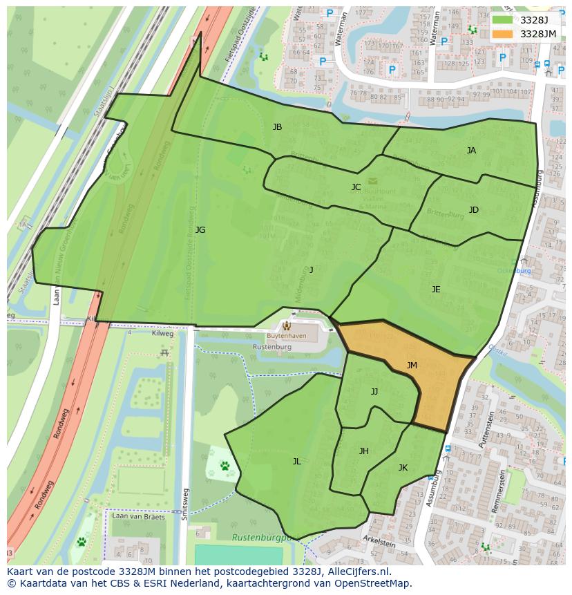 Afbeelding van het postcodegebied 3328 JM op de kaart.